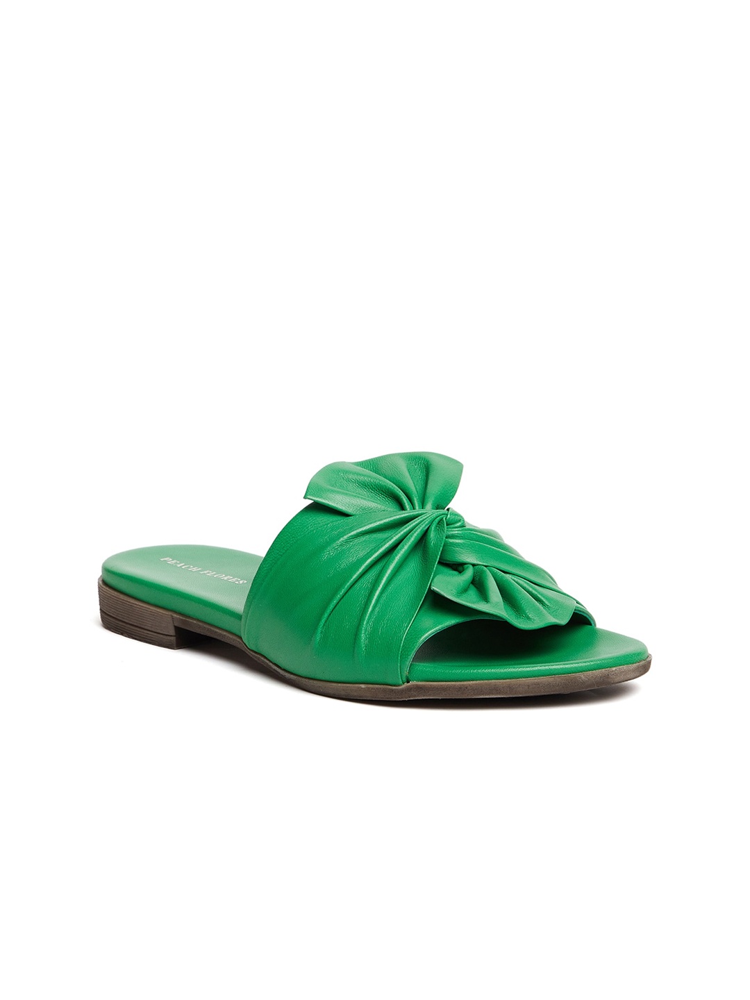

Peach Flores Textured Bow Detail Leather Open Toe Flats, Green