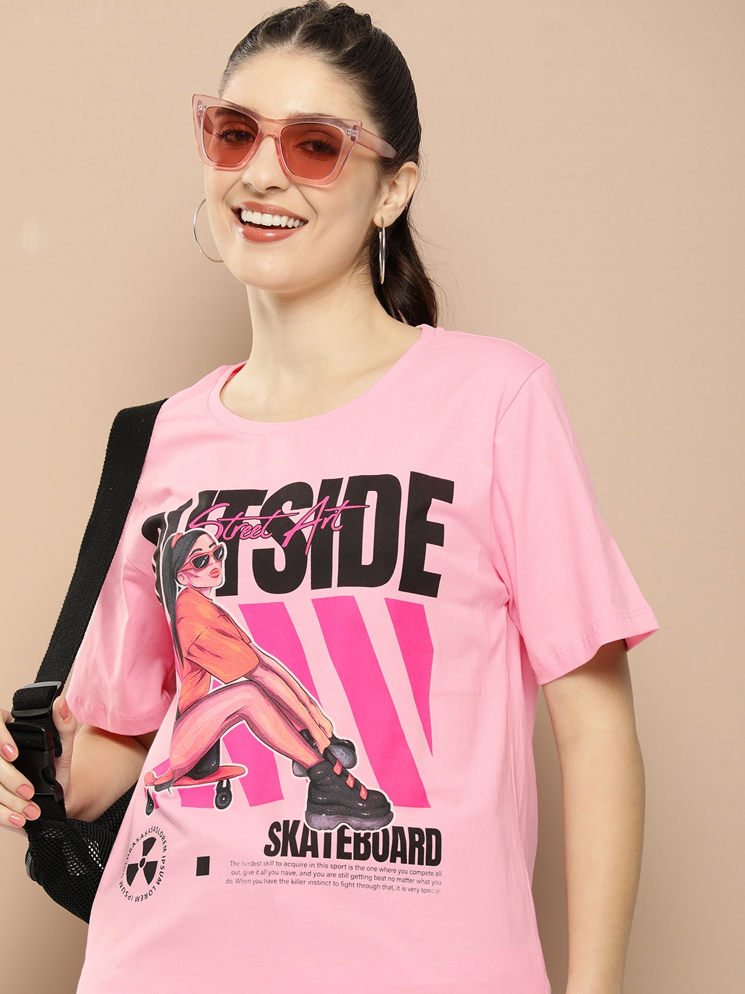 

HERE&NOW Pure Cotton Graphic Printed Casual T-shirt, Pink