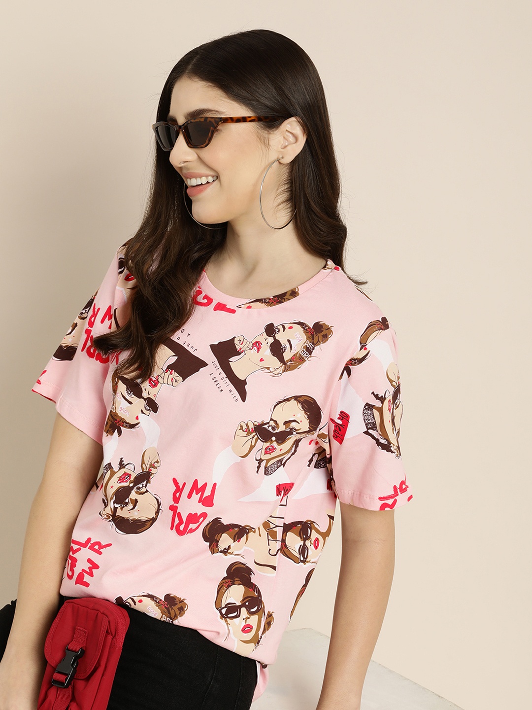 

HERE&NOW Graphic Printed Pure Cotton T-shirt, Pink