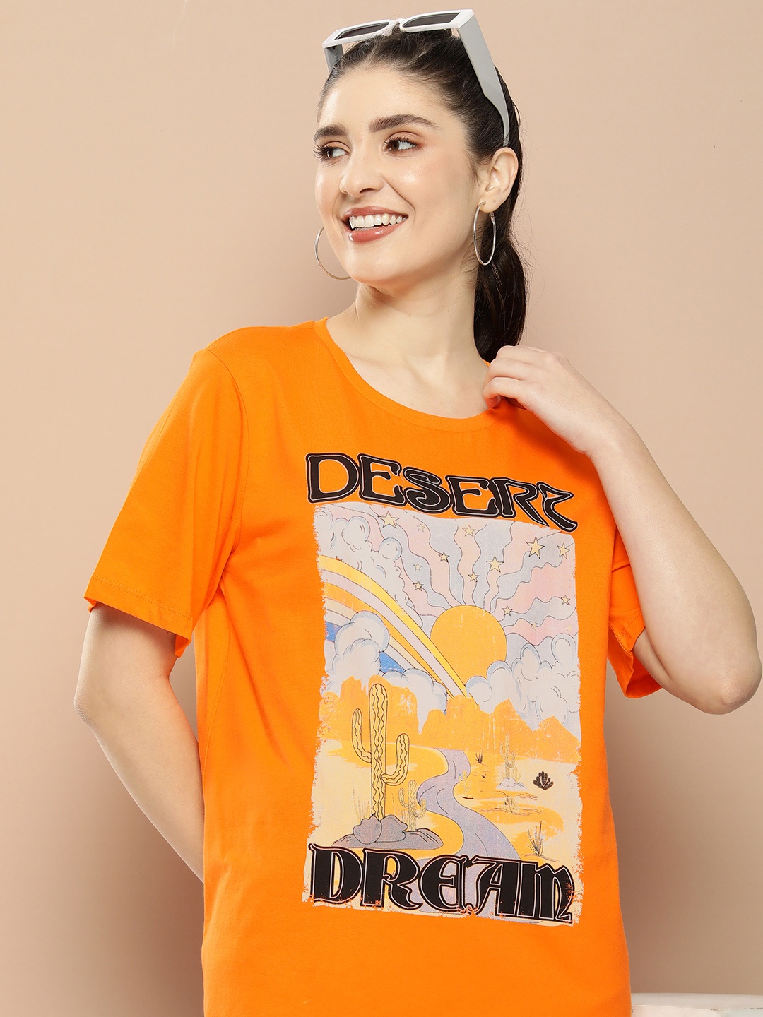 

HERE&NOW Pure Cotton Graphic Printed Casual T-shirt, Orange