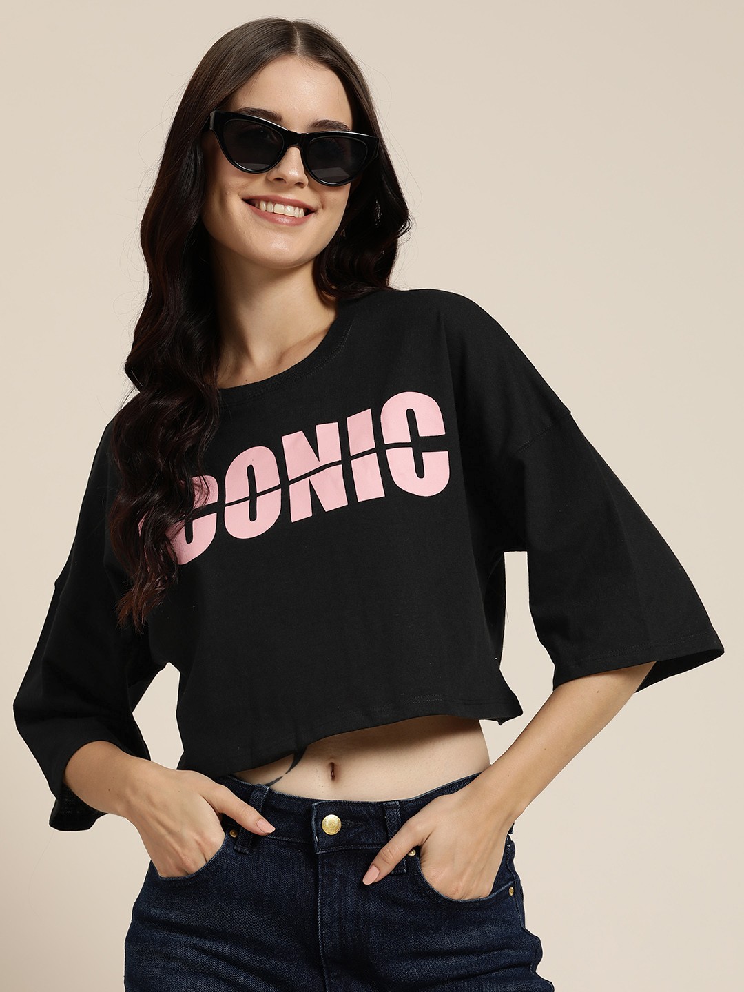

HERE&NOW Typography Printed Drop-Shoulder Sleeves Crop T-shirt, Black