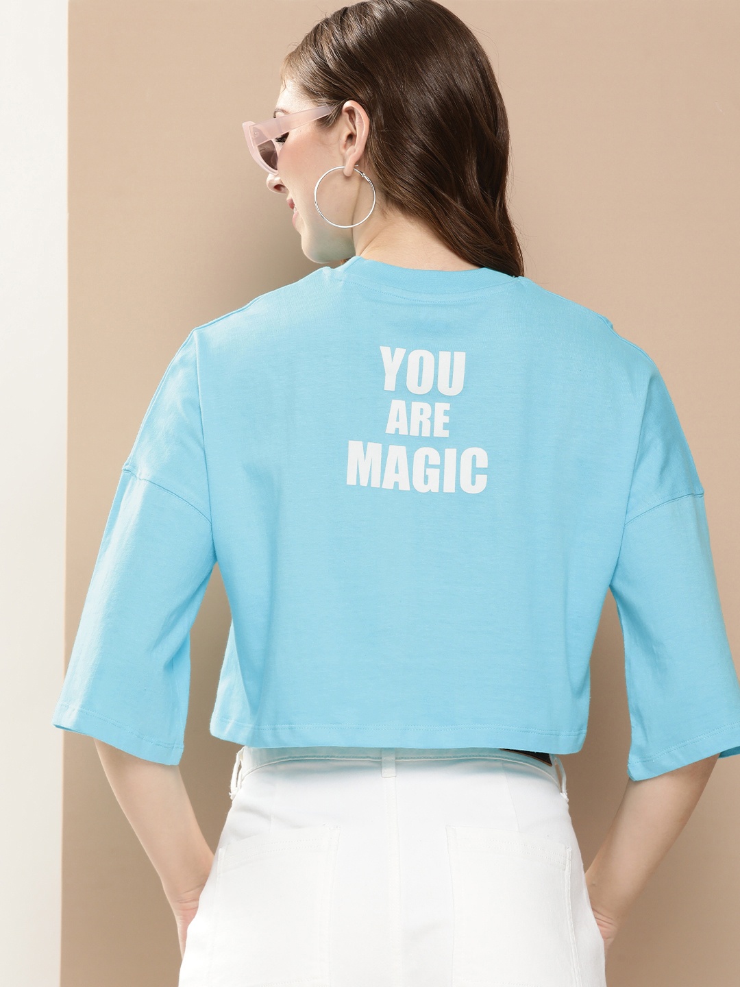

HERE&NOW Pure Cotton Typography Printed Drop-Shoulder Sleeves Crop T-shirt, Blue