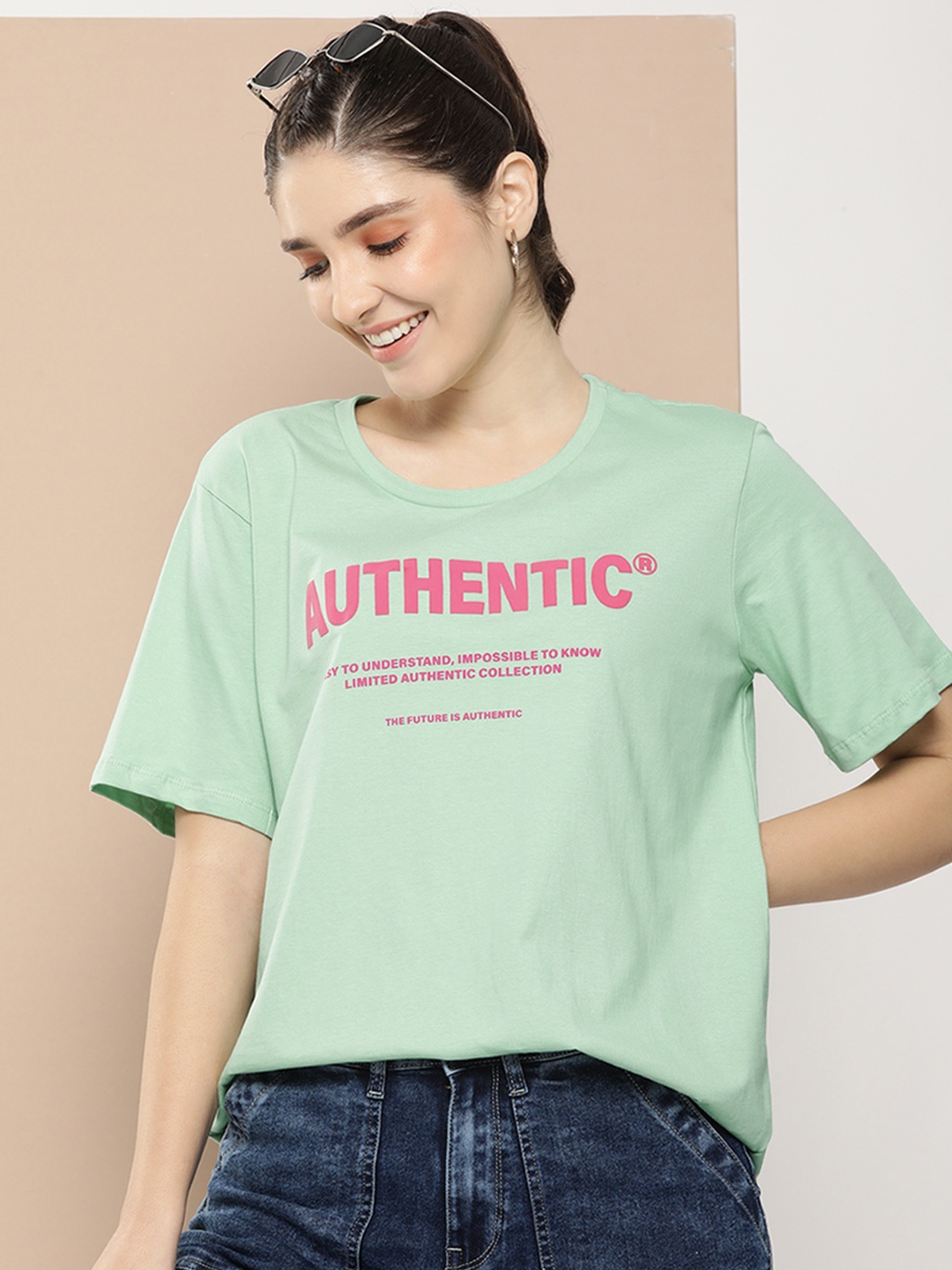 

HERE&NOW Typography Printed Drop-Shoulder Sleeves Pure Cotton T-shirt, Green
