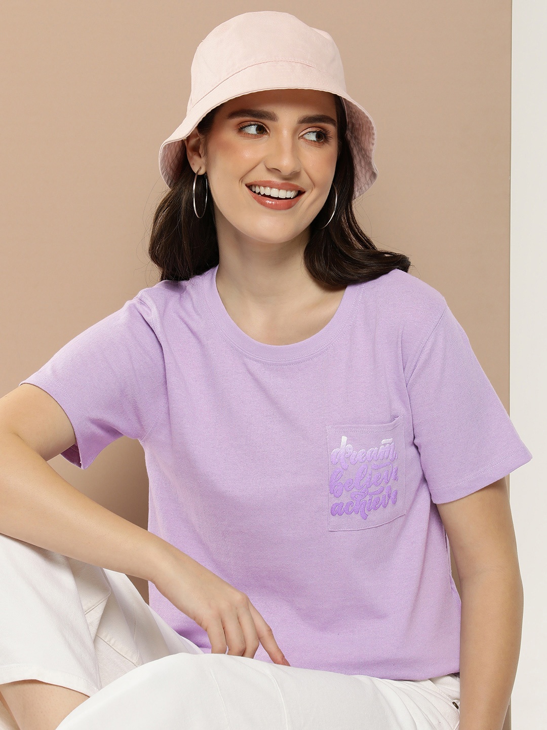 

HERE&NOW Typography Printed Drop-Shoulder Sleeves Pockets T-shirt, Lavender