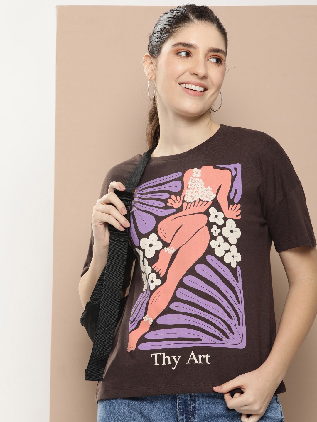 

HERE&NOW Printed Drop-Shoulder Sleeves Pure Cotton T-shirt, Brown