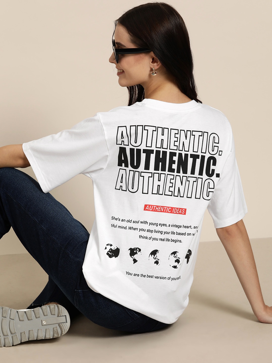 

HERE&NOW Typography Printed Drop-Shoulder Sleeves Longline T-shirt, White