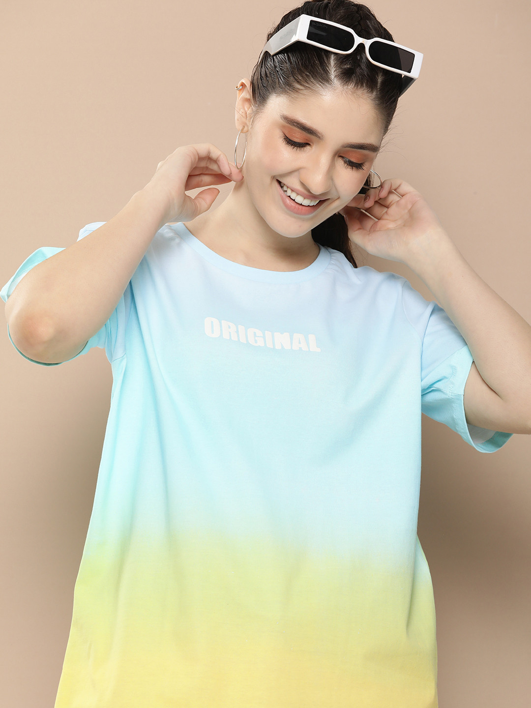 

HERE&NOW Colourblocked Ombre Effect Drop-Shoulder Sleeves Pure Cotton T-shirt, Blue
