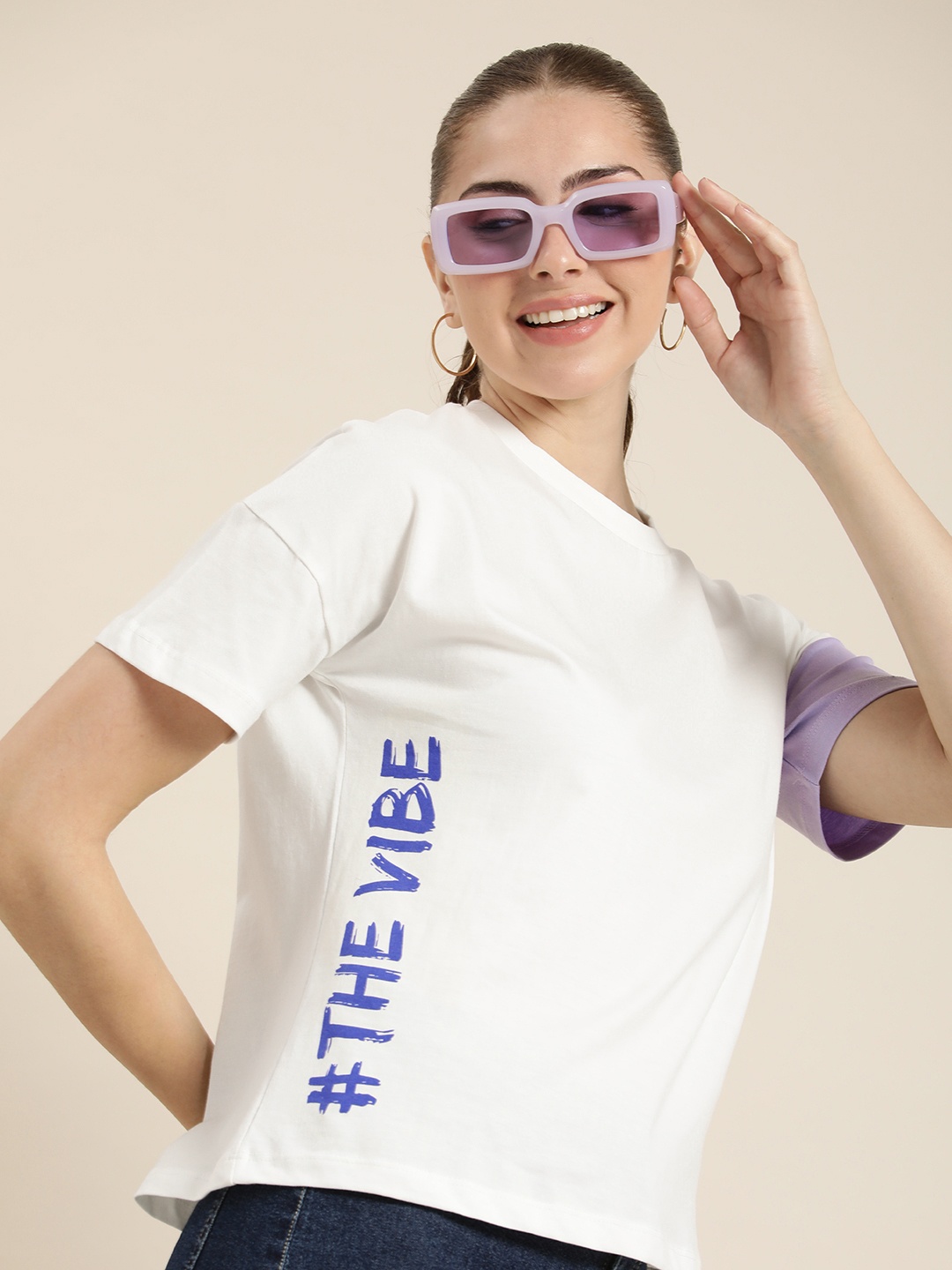 

HERE&NOW Pure Cotton Drop-Shoulder Sleeves Typography Printed Casual T-shirt, White