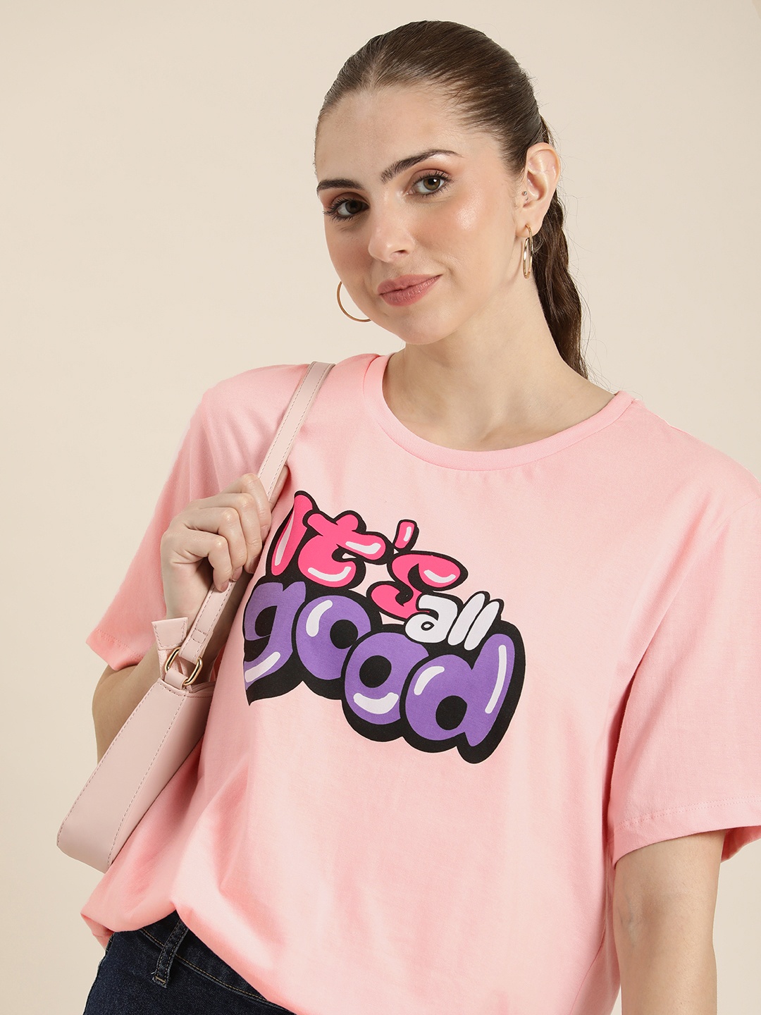 

HERE&NOW Pure Cotton Typography Printed Casual T-shirt, Pink