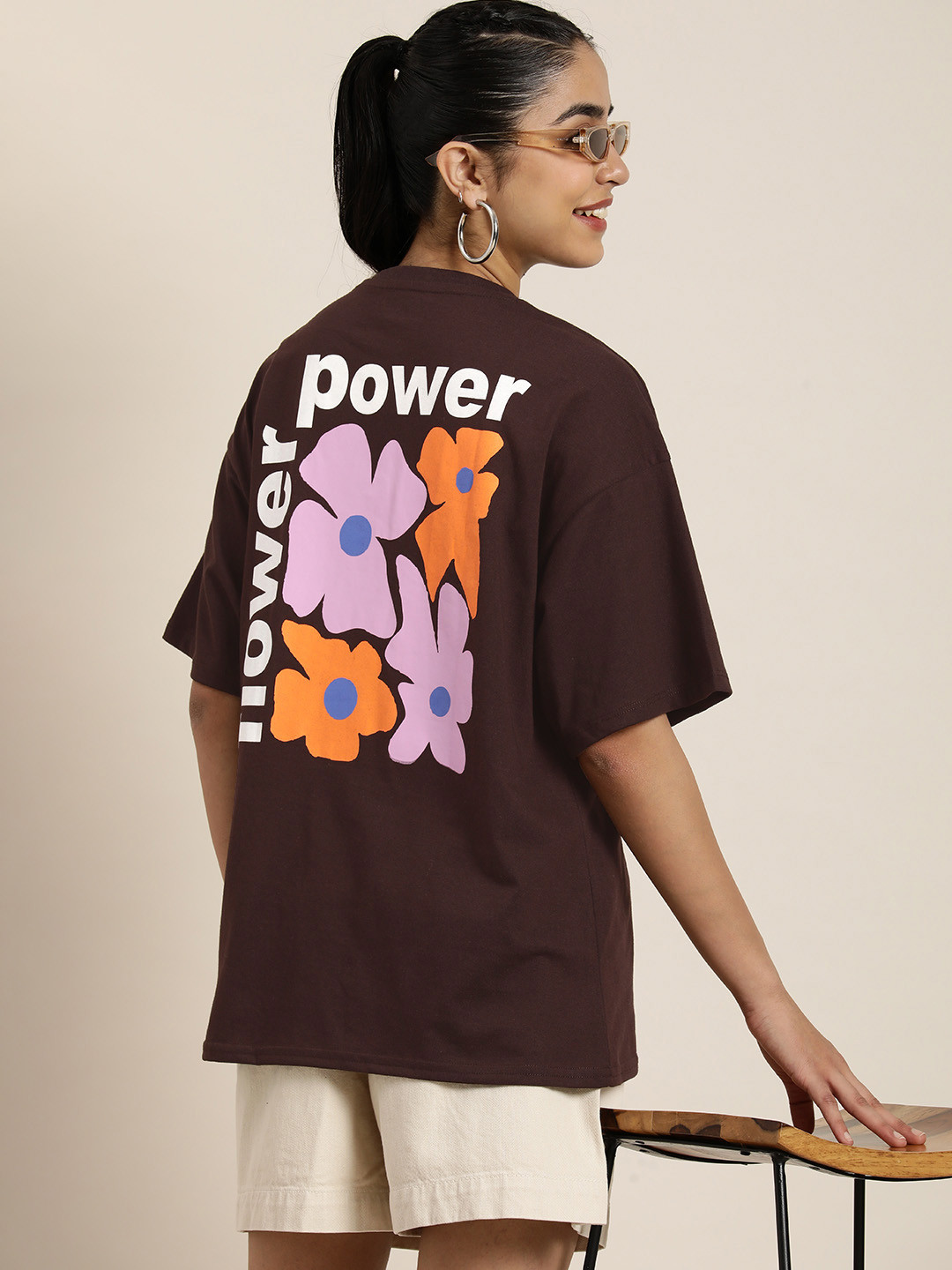 

HERE&NOW Women Floral Printed Drop-Shoulder Sleeves Oversized T-shirt, Brown