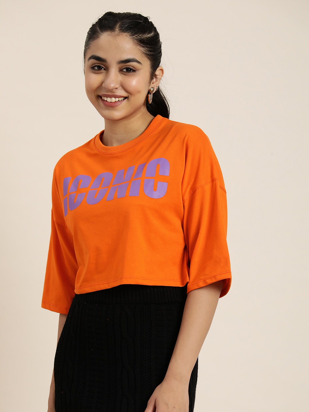 

HERE&NOW Women Typography Printed Drop-Shoulder Sleeves Boxy T-shirt, Orange