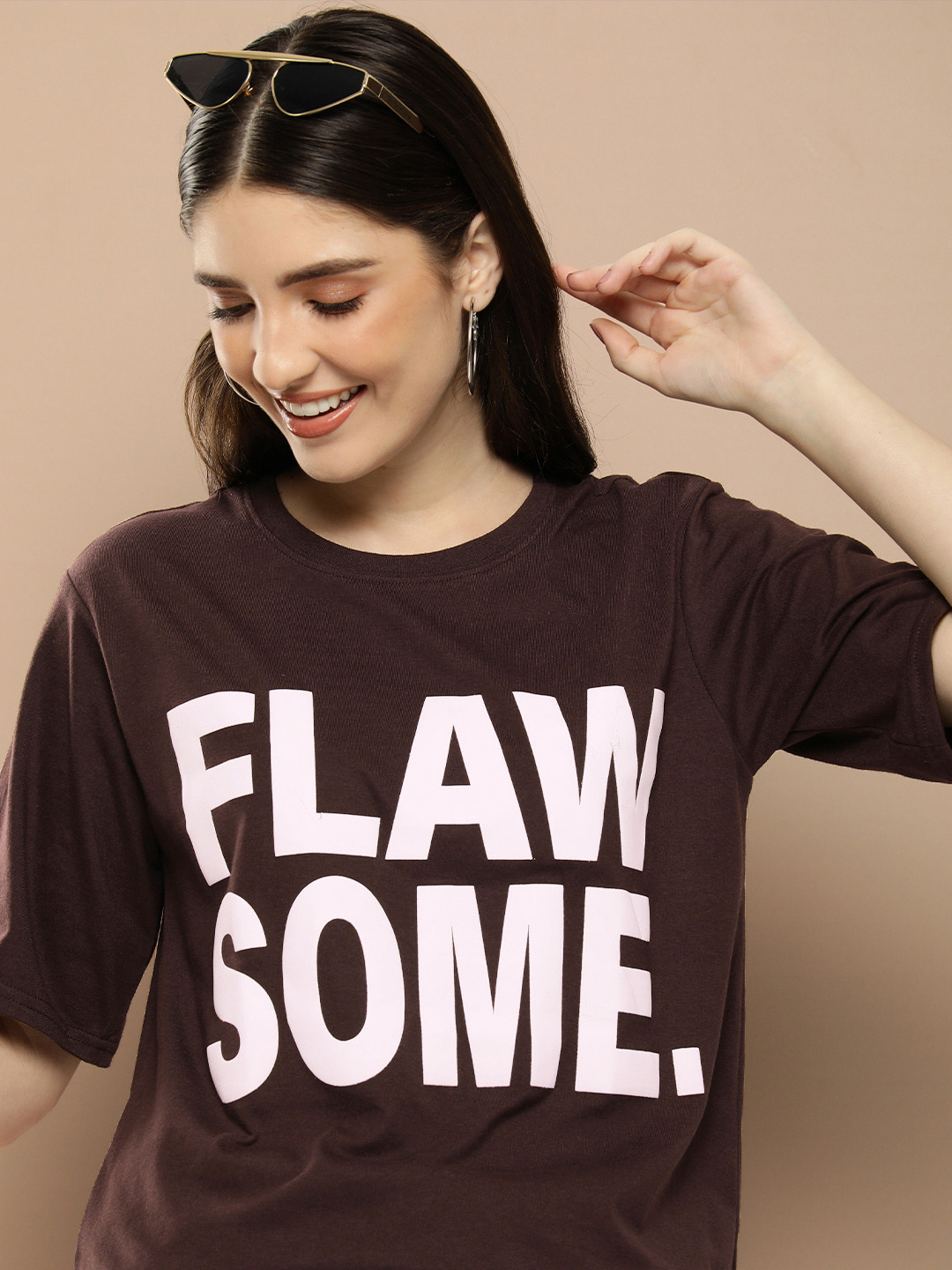 

HERE&NOW Typography Printed Drop-Shoulder Sleeves T-shirt, Coffee brown