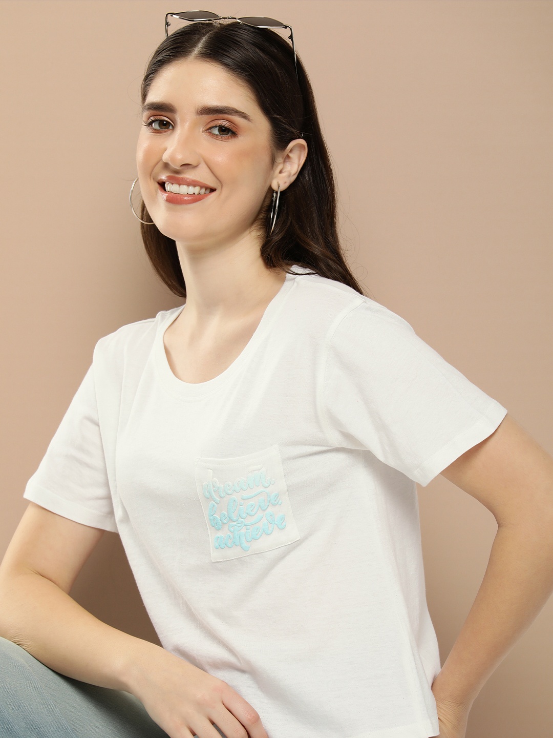 

HERE&NOW Typography Printed Drop-Shoulder Sleeves Pockets T-shirt, White