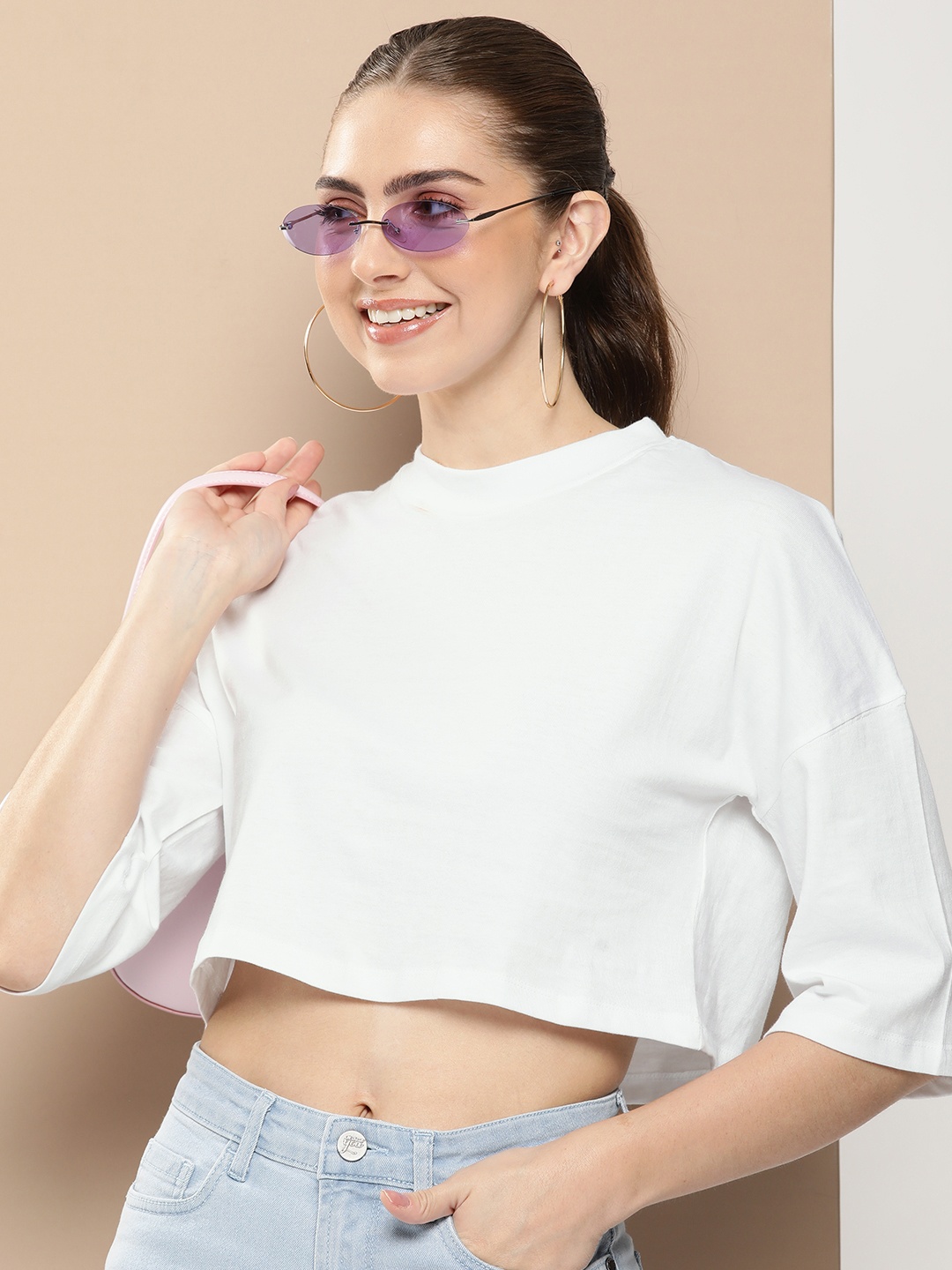 

HERE&NOW Solid Drop-Shoulder Sleeves Pure Cotton Boxy T-shirt, White