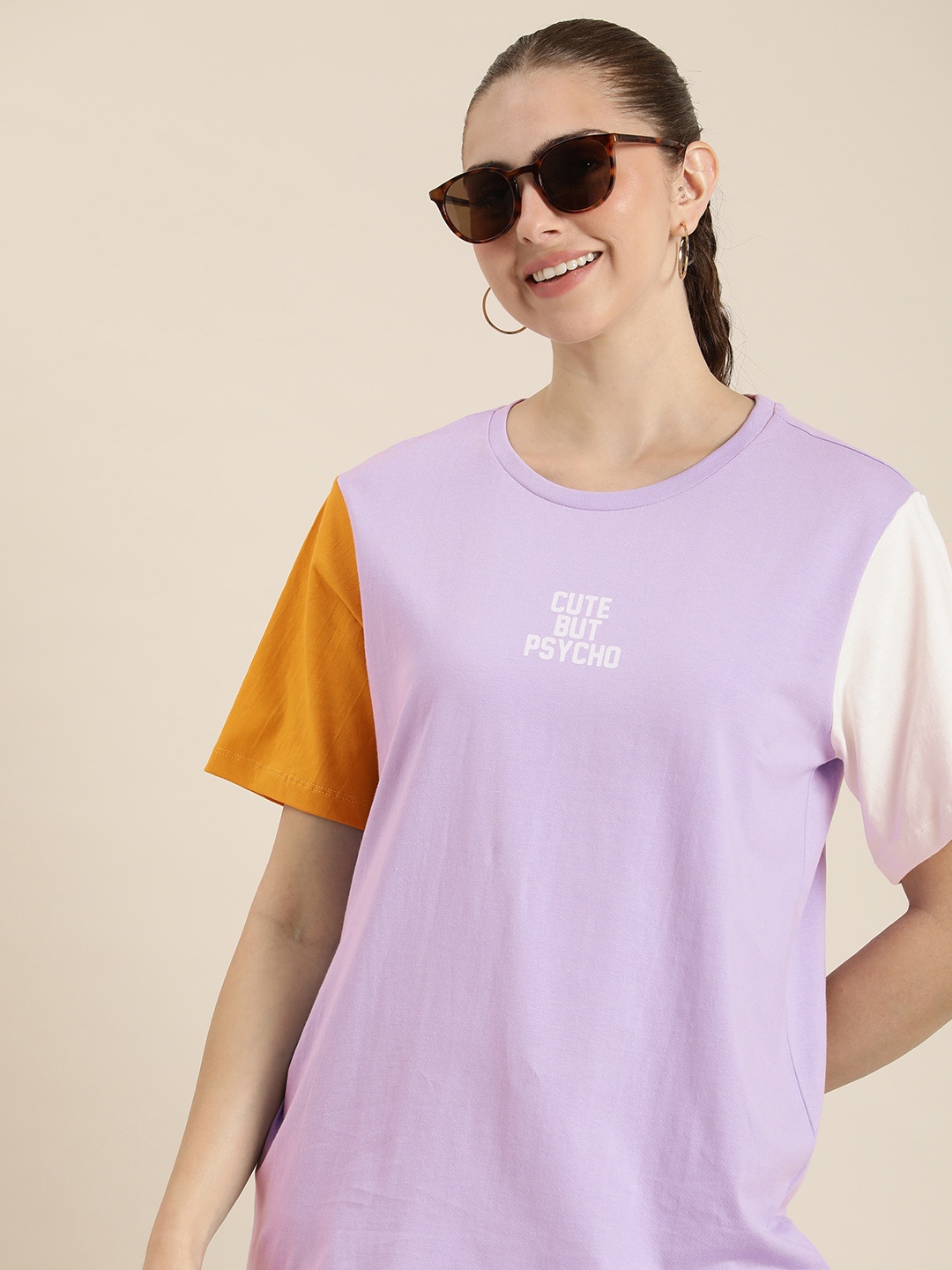 

HERE&NOW Pure Cotton Typography Printed Casual T-shirt, Lavender