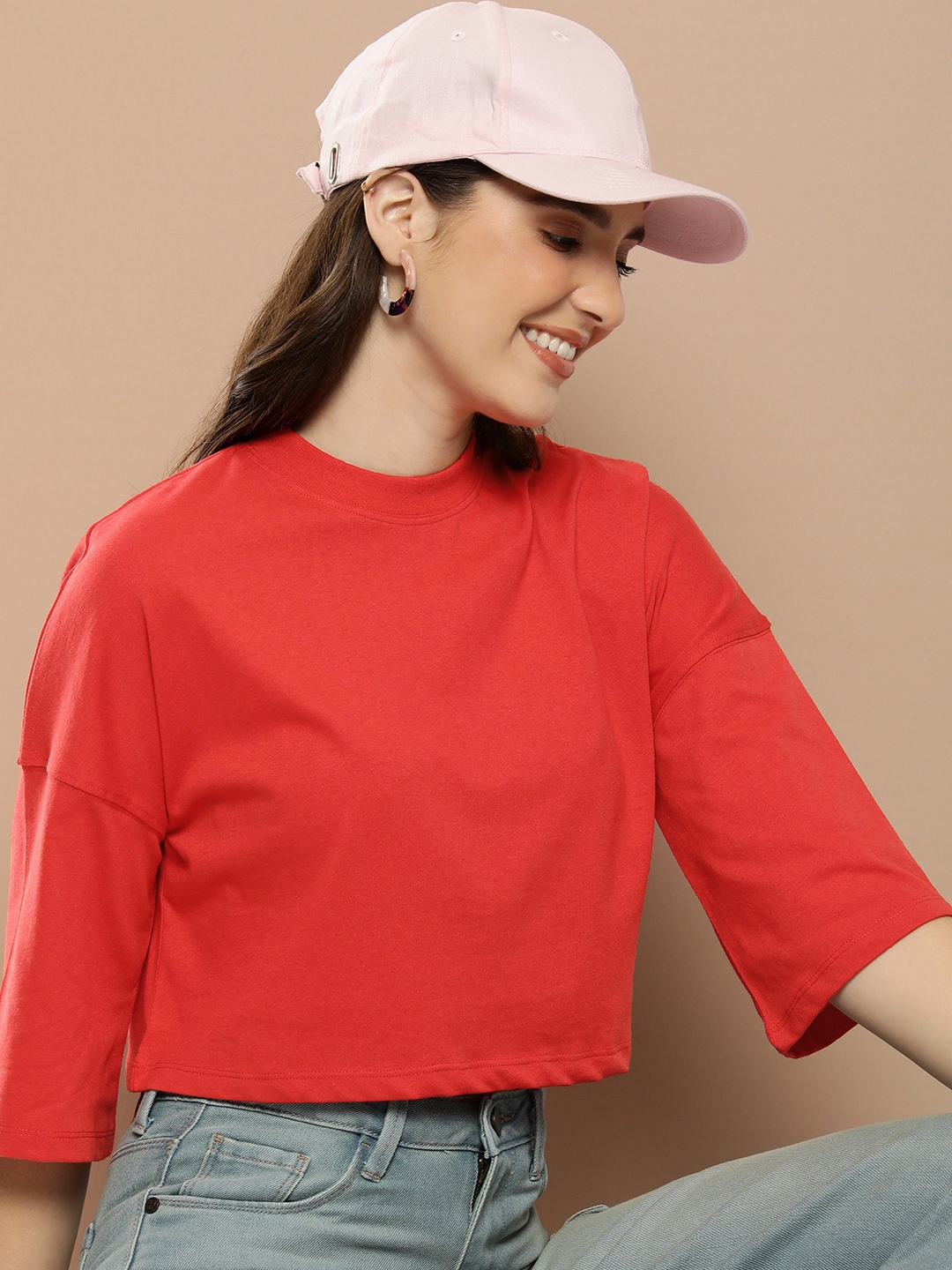 

HERE&NOW Drop-Shoulder Sleeves Crop T-shirt, Red