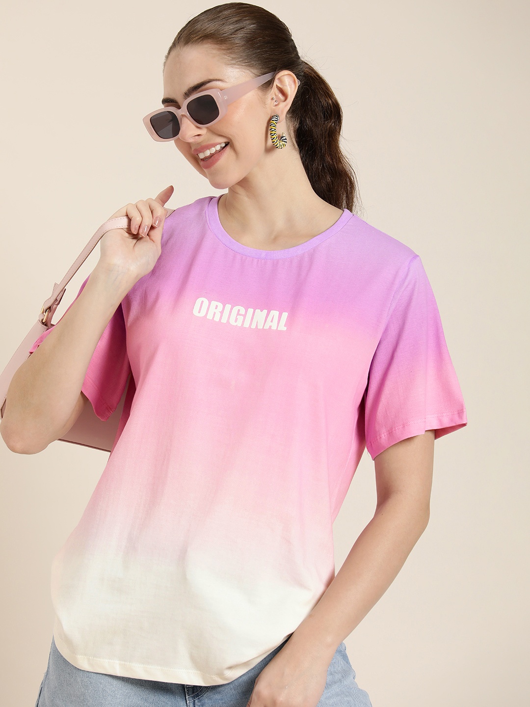 

HERE&NOW Pure Cotton Dyed Casual T-shirt, Purple