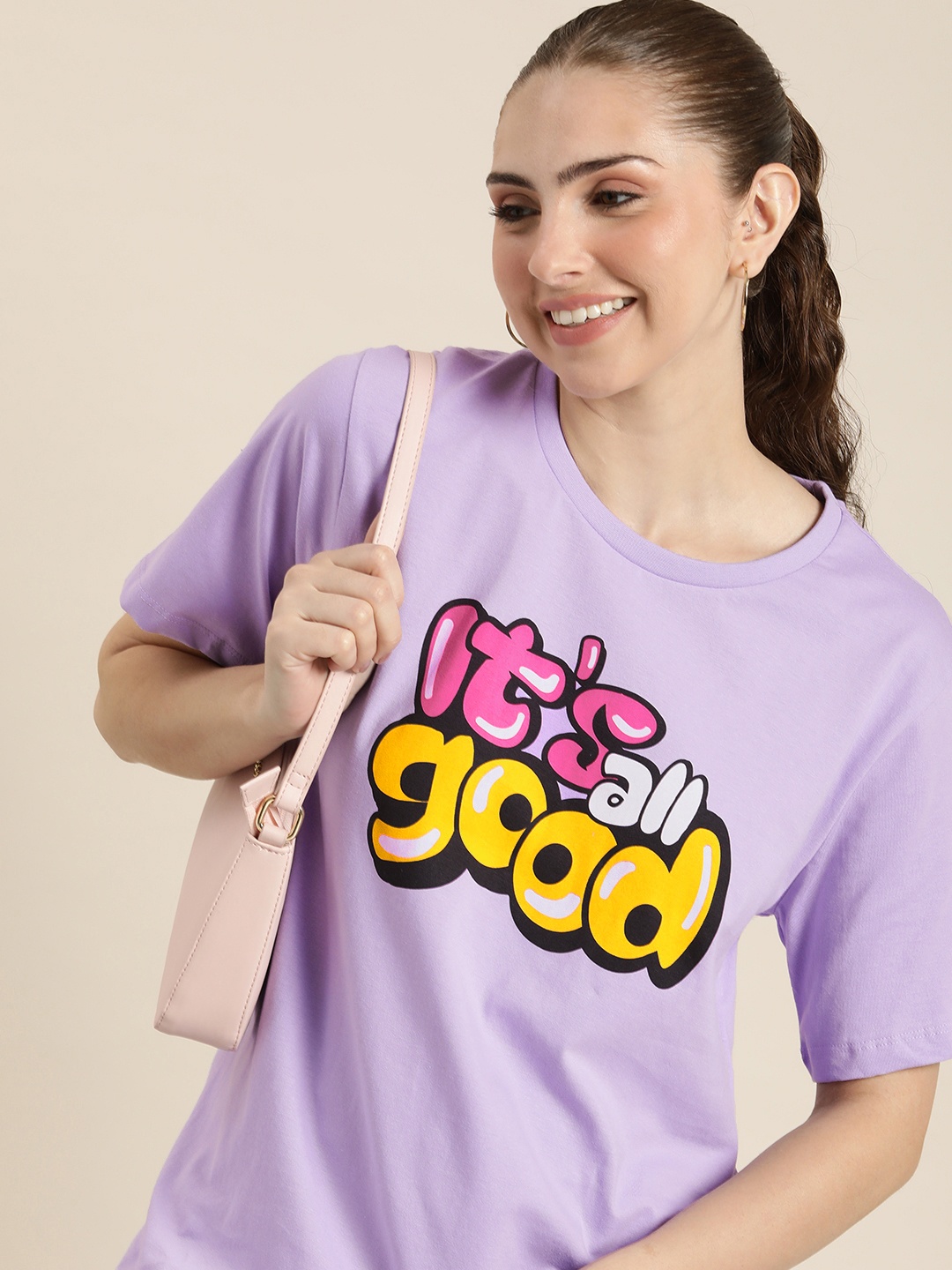 

HERE&NOW Pure Cotton Typography Printed Casual T-shirt, Lavender