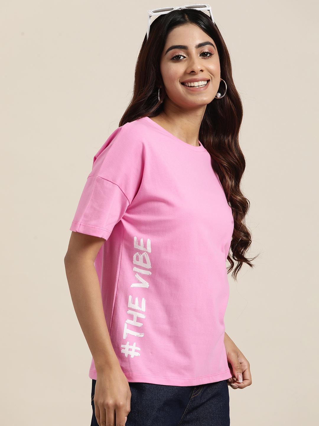 

HERE&NOW Women Placement Print Pure Cotton T-shirt, Pink