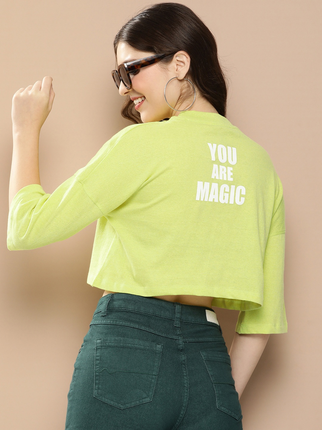 

HERE&NOW Typography Printed Drop-Shoulder Sleeves Crop Casual T-shirt, Yellow