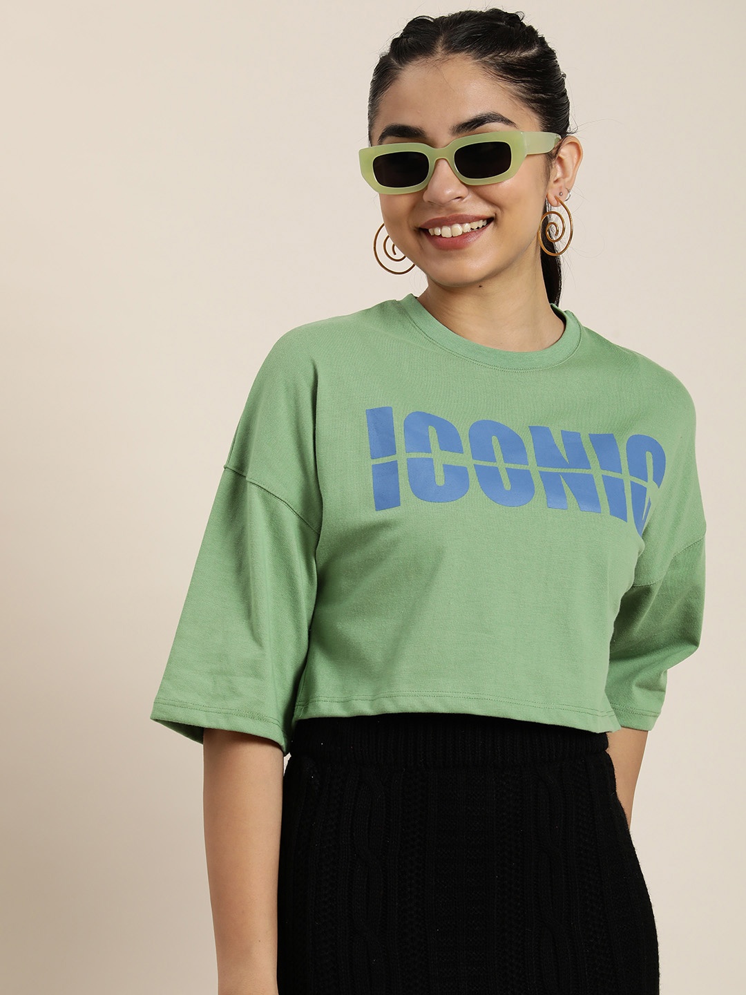 

HERE&NOW Women Typography Printed Drop-Shoulder Sleeves Boxy T-shirt, Green