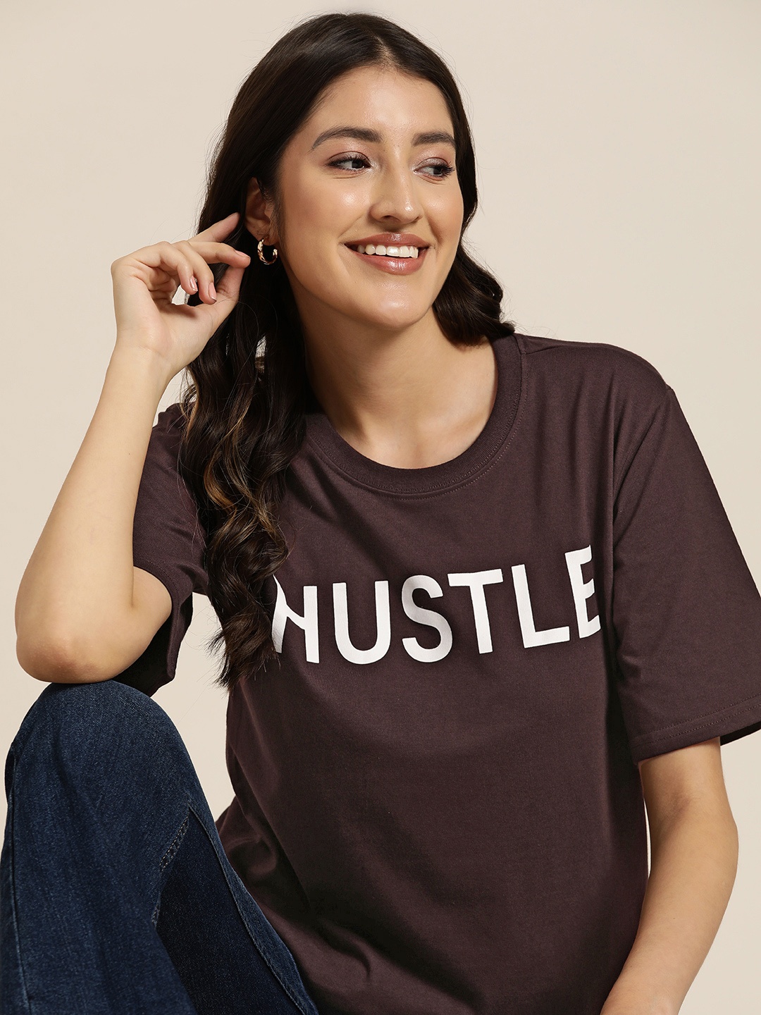 

HERE&NOW Typography Printed Drop-Shoulder Sleeves T-shirt, Brown