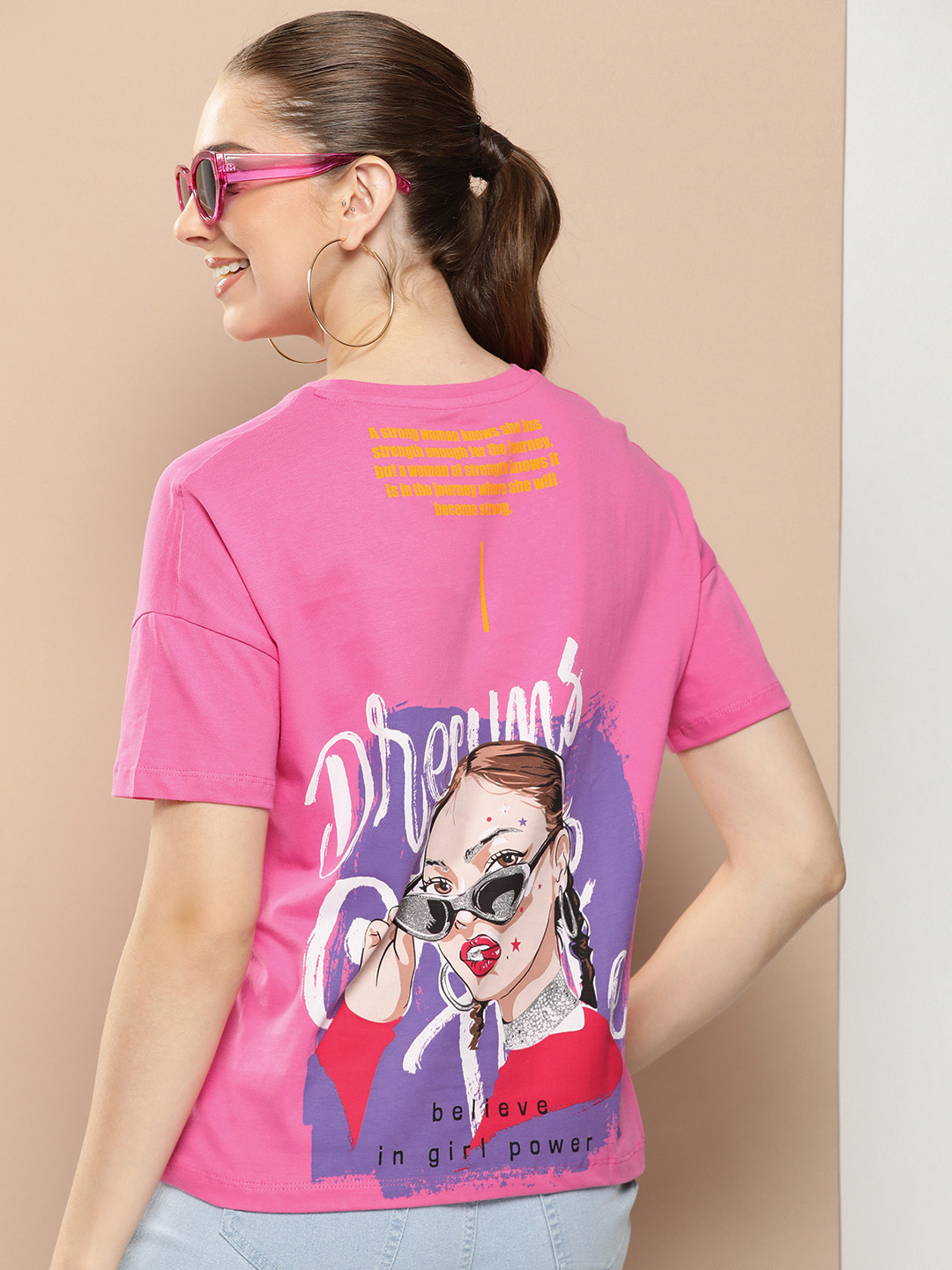 

HERE&NOW Graphic Printed Drop-Shoulder Sleeves Pure Cotton T-shirt, Pink