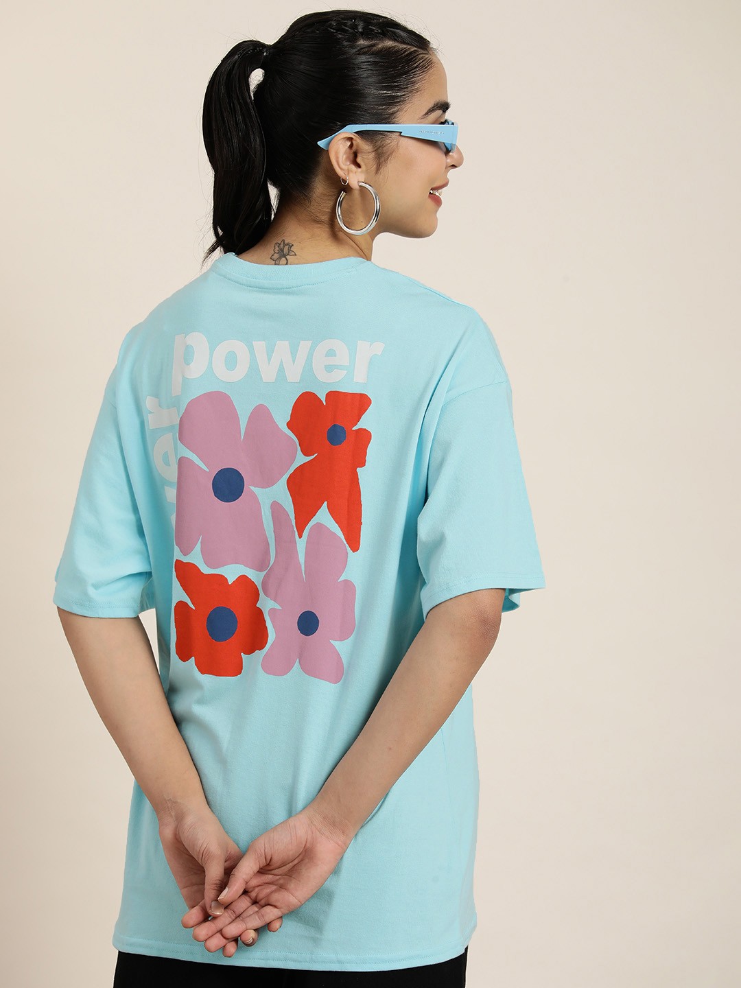 

HERE&NOW Women Floral Printed Drop-Shoulder Sleeves Oversized T-shirt, Blue
