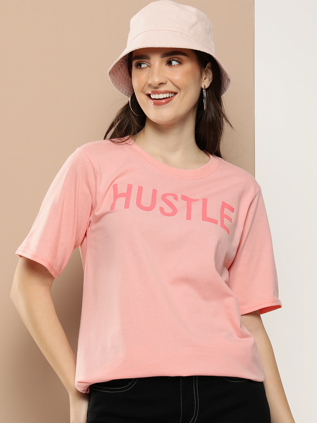 HERE&NOW Typography Printed Drop-Shoulder Sleeves T-shirt, Pink