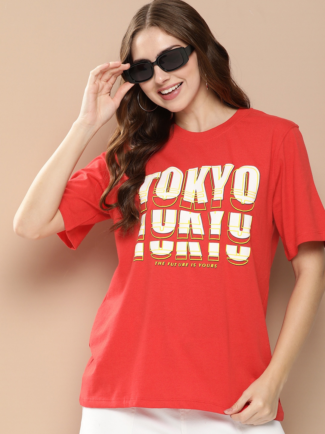 

HERE&NOW Typography Printed Longline Casual T-shirt, Red