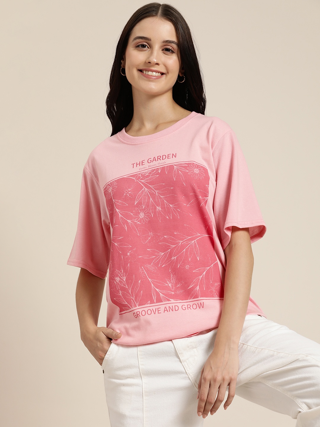

HERE&NOW Floral Printed Drop-Shoulder Sleeves Oversized Longline T-shirt, Pink