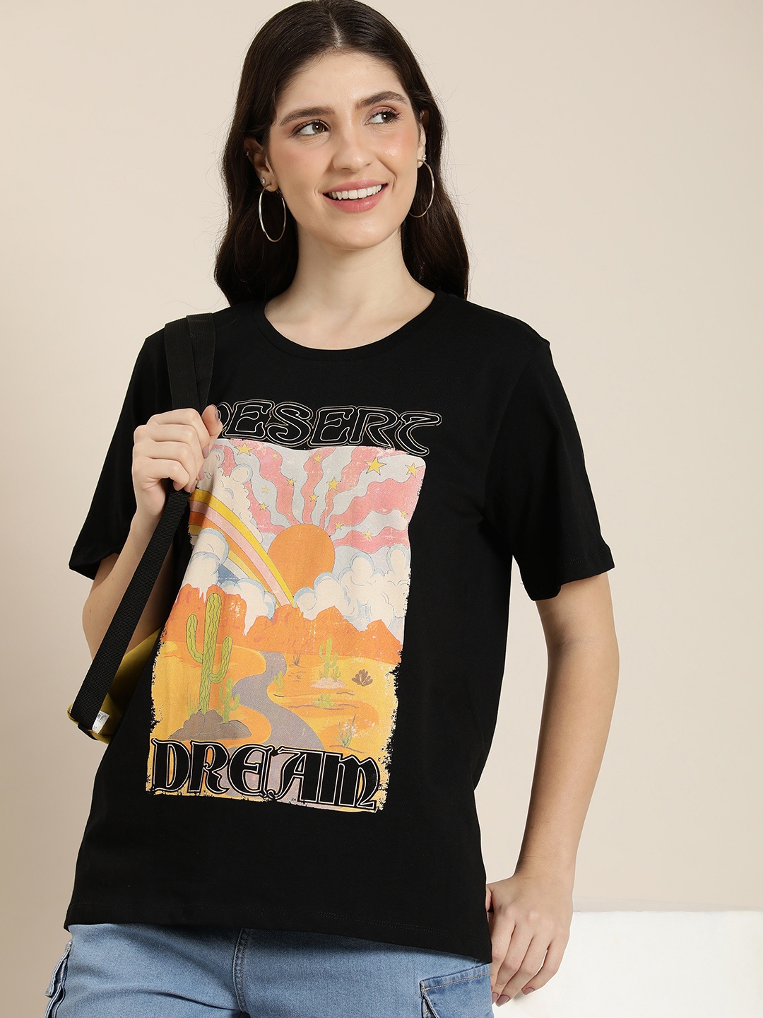 

HERE&NOW Printed Pure Cotton Drop-Shoulder Sleeves T-shirt, Black