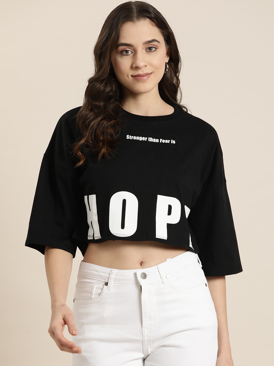 

HERE&NOW Women Typography Printed Crop T-shirt, Black