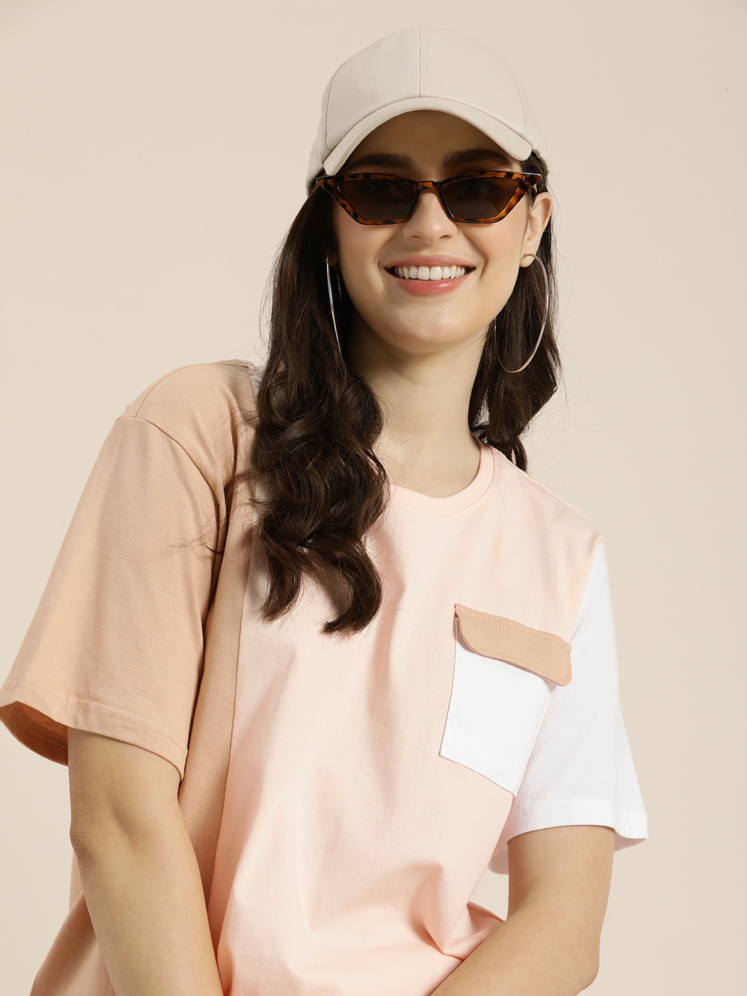 

HERE&NOW Colourblocked Pure Cotton Pocket T-shirt, Beige