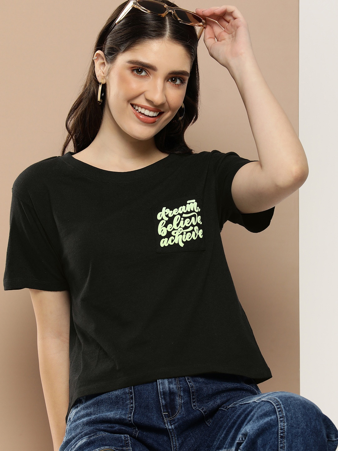 

HERE&NOW Typography Printed Drop-Shoulder Sleeves Pockets T-shirt, Black