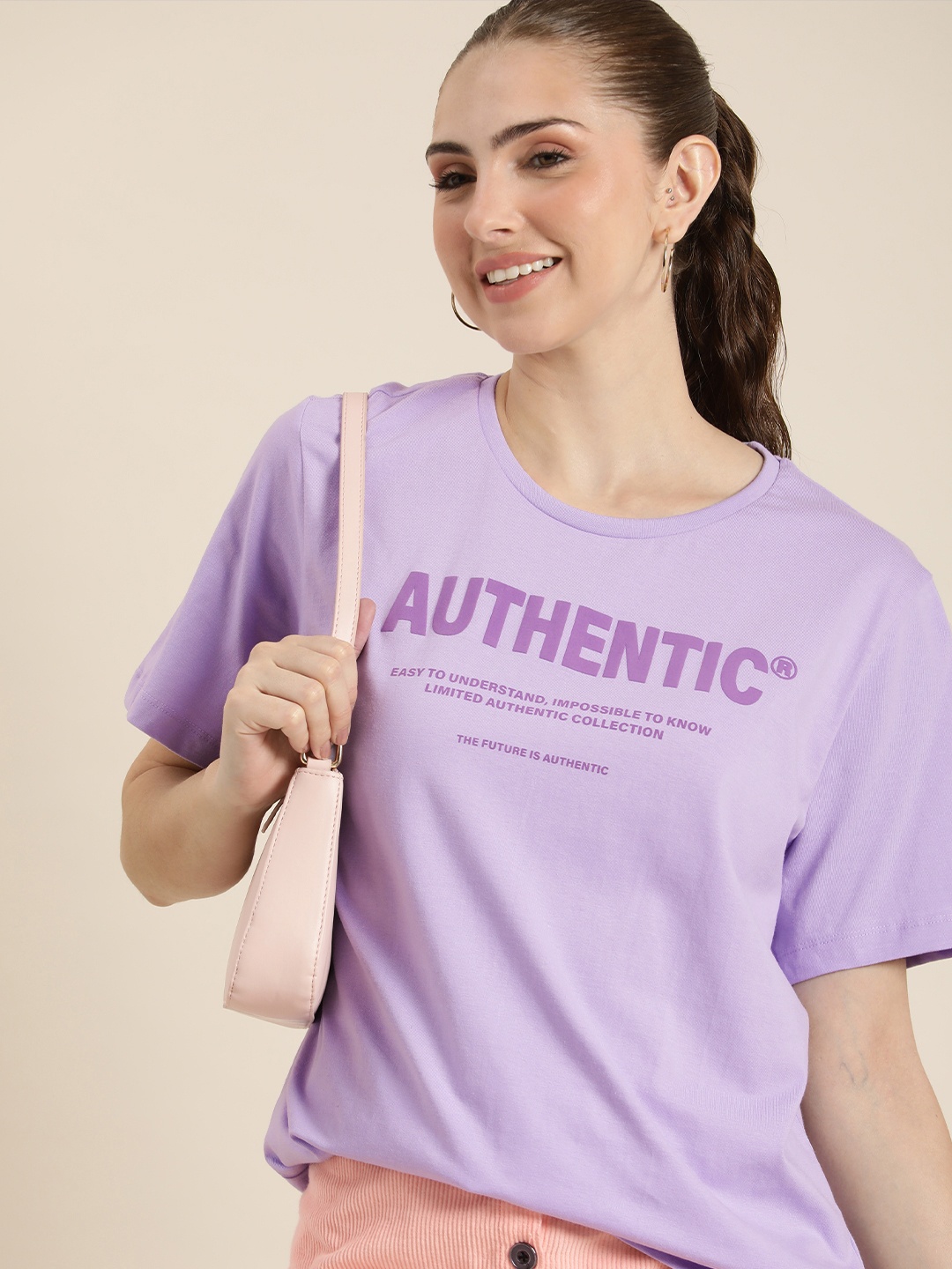 

HERE&NOW Pure Cotton Typography Printed Casual T-shirt, Lavender