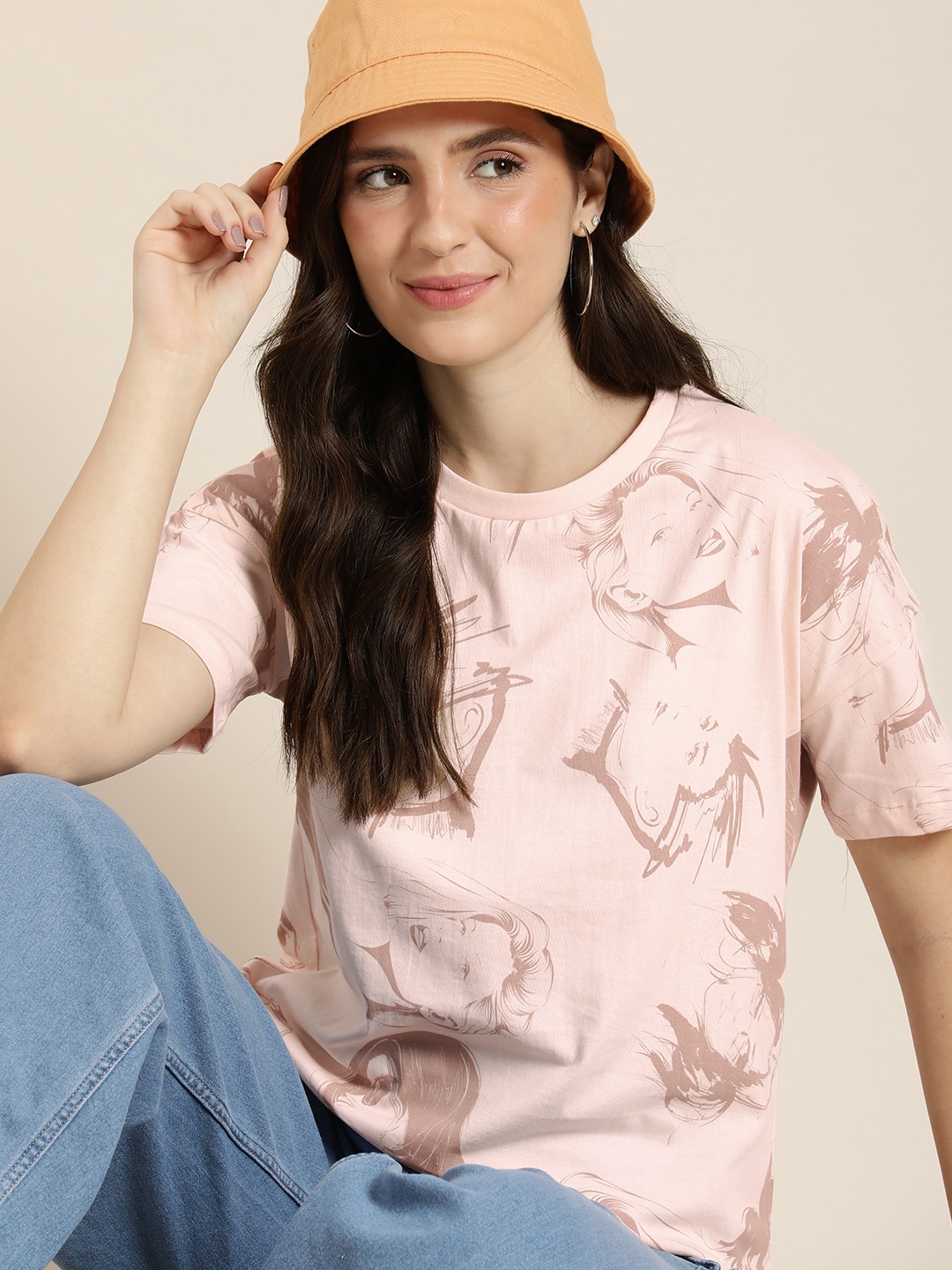 

HERE&NOW Printed Pure Cotton Drop-Shoulder Sleeves T-shirt, Peach