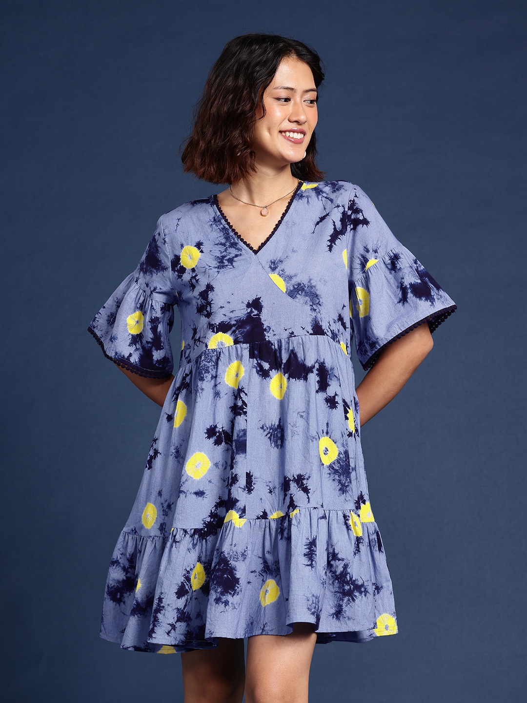 

Taavi Tie and Dye Bell Sleeve A-Line Pure Cotton Shibori Tired Dress, Blue