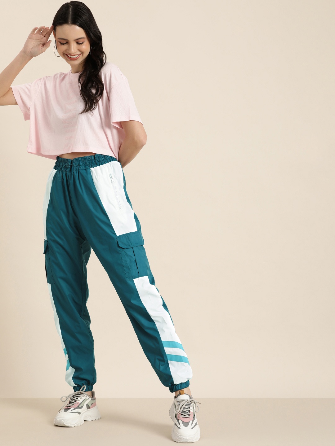 

HERE&NOW Women Colourblocked Joggers, Teal