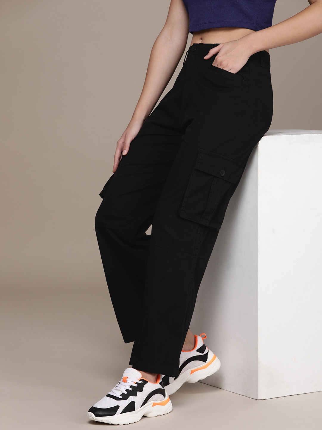 

Moda Rapido Women Solid High-Rise Cargos Trousers, Black