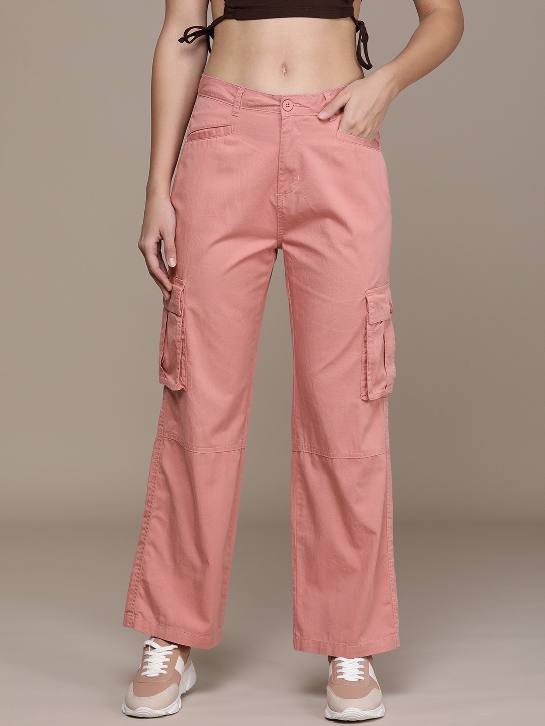 

Moda Rapido Women Solid High-Rise Cargos Trousers, Pink