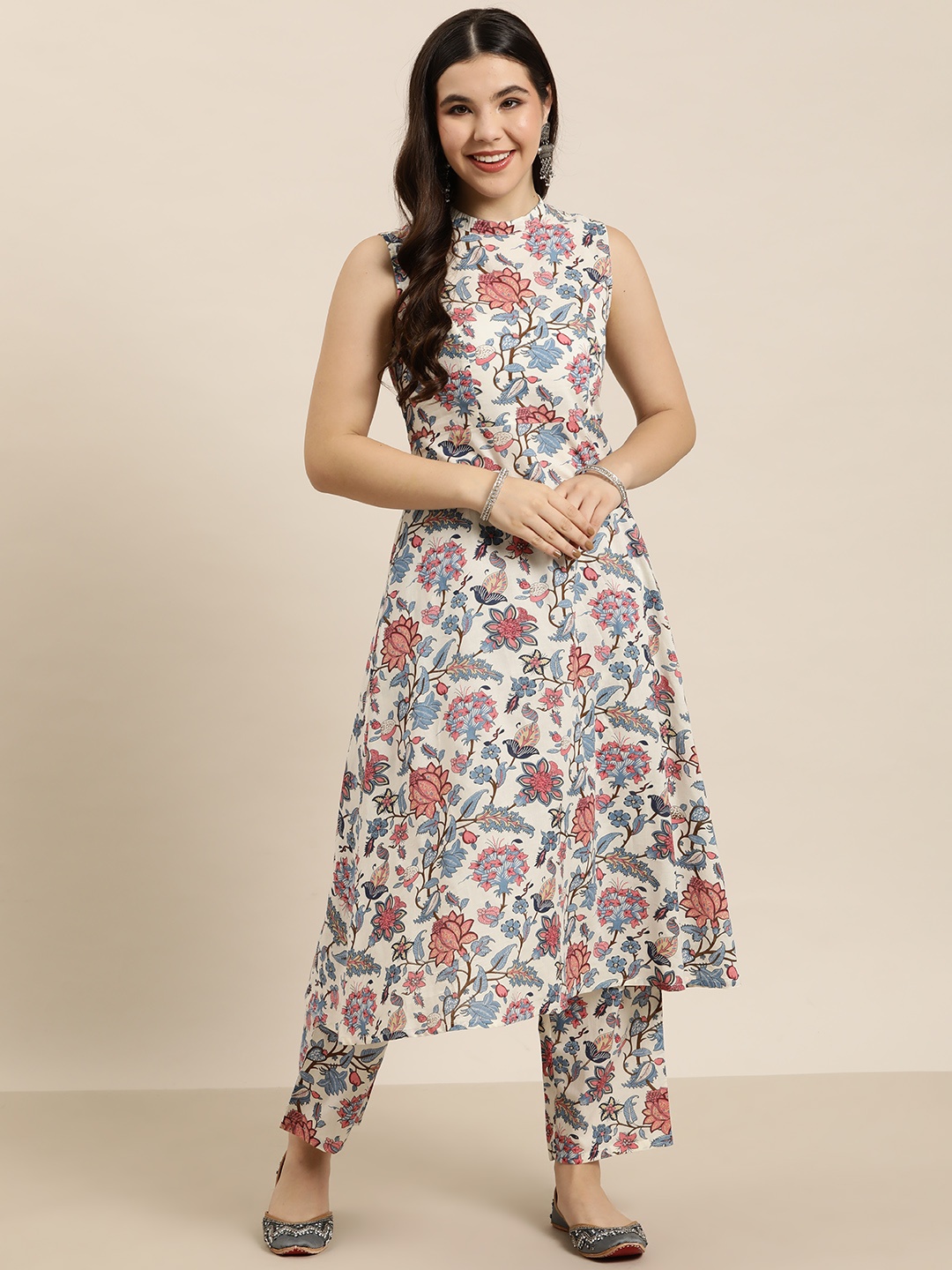 

HERE&NOW Floral Print Pure Cotton Kurta with Palazzos, Off white
