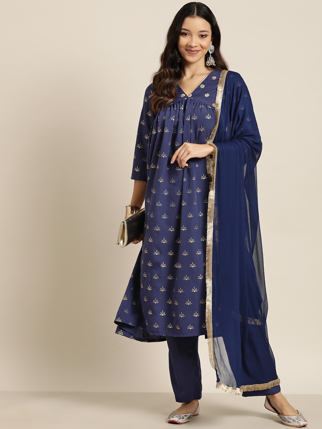 

HERE&NOW Women Floral Foil Printed Empire Gotta Patti Kurta with Trousers & Dupatta, Navy blue