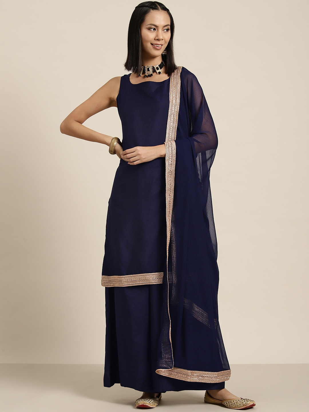 

HERE&NOW Gotta-Patti Detailed Kurta with Palazzos & Dupatta, Navy blue