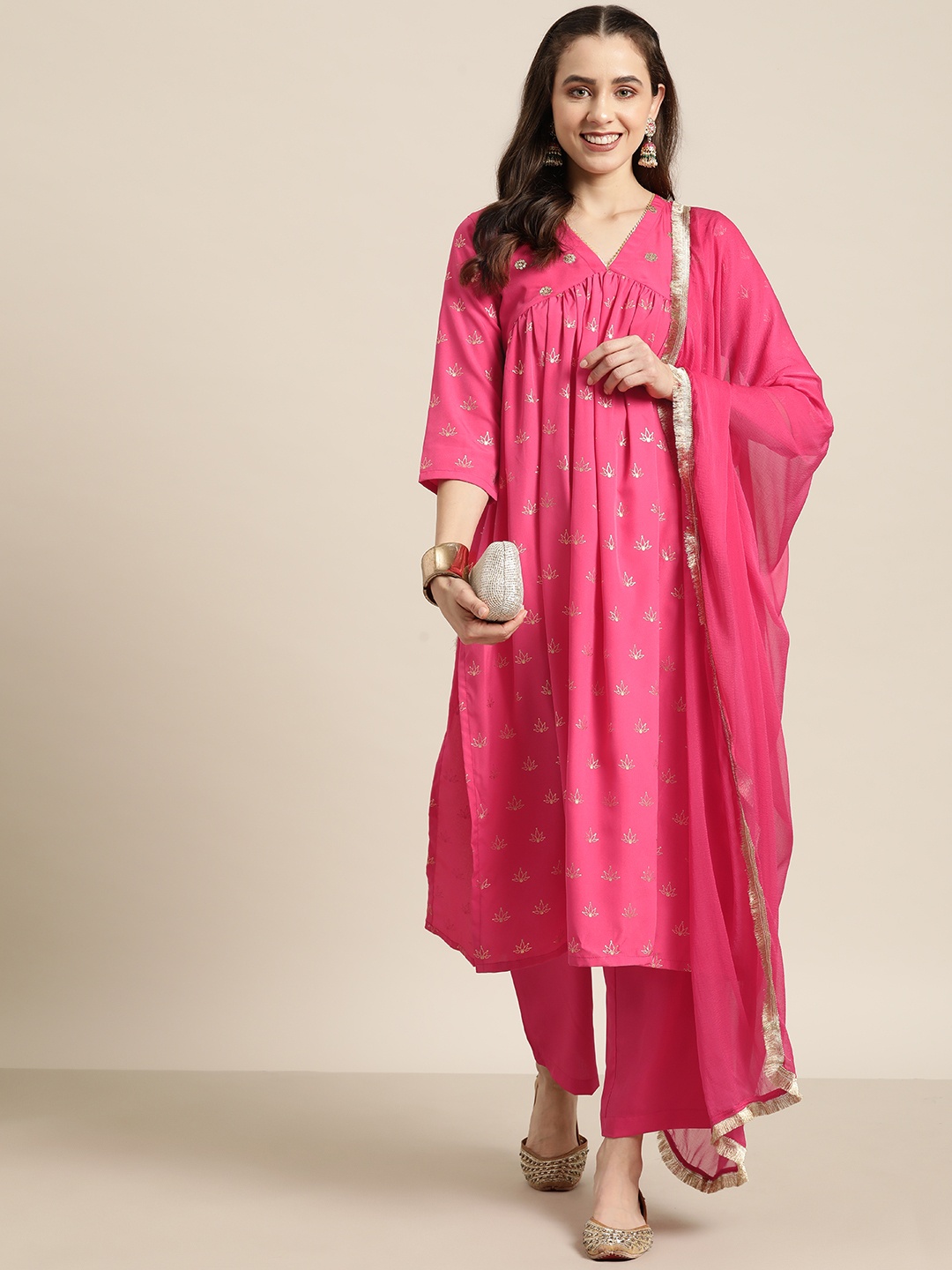 

HERE&NOW Women Floral Foil Printed Empire Gotta Patti Kurta with Trousers & Dupatta, Pink