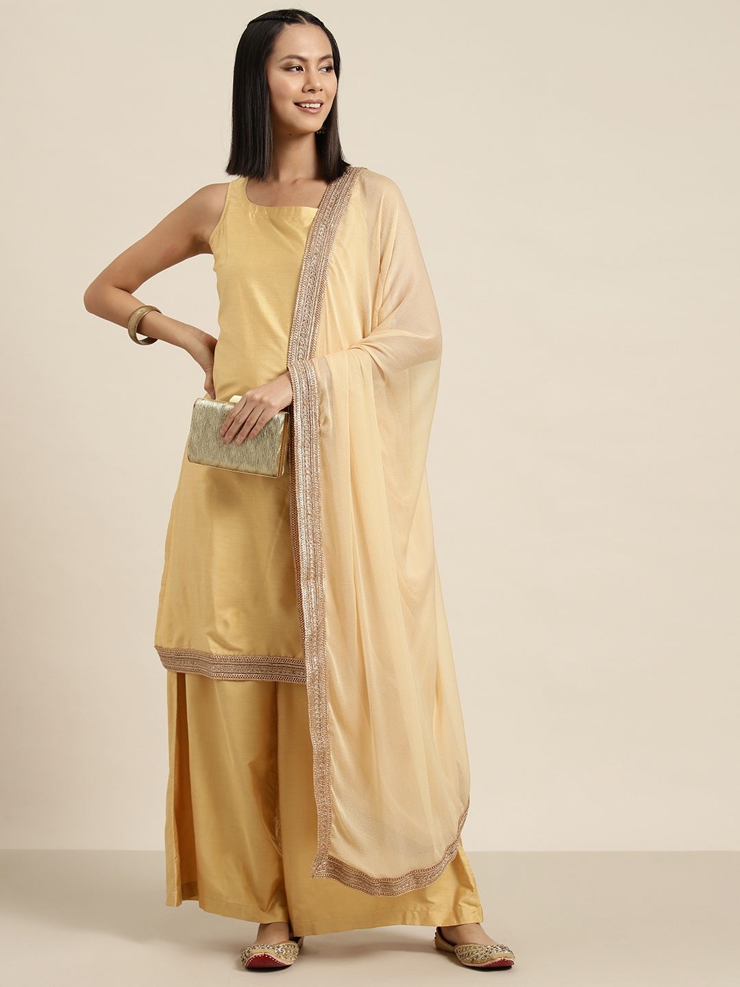 

HERE&NOW Gotta-Patti Detailed Kurta with Palazzos & Dupatta, Cream