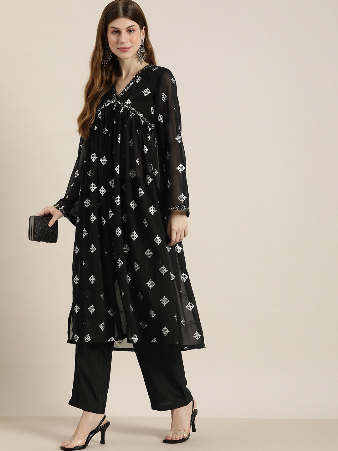 

HERE&NOW Women Ethnic Motifs Printed Regular Sequinned Kurta With Trousers, Black