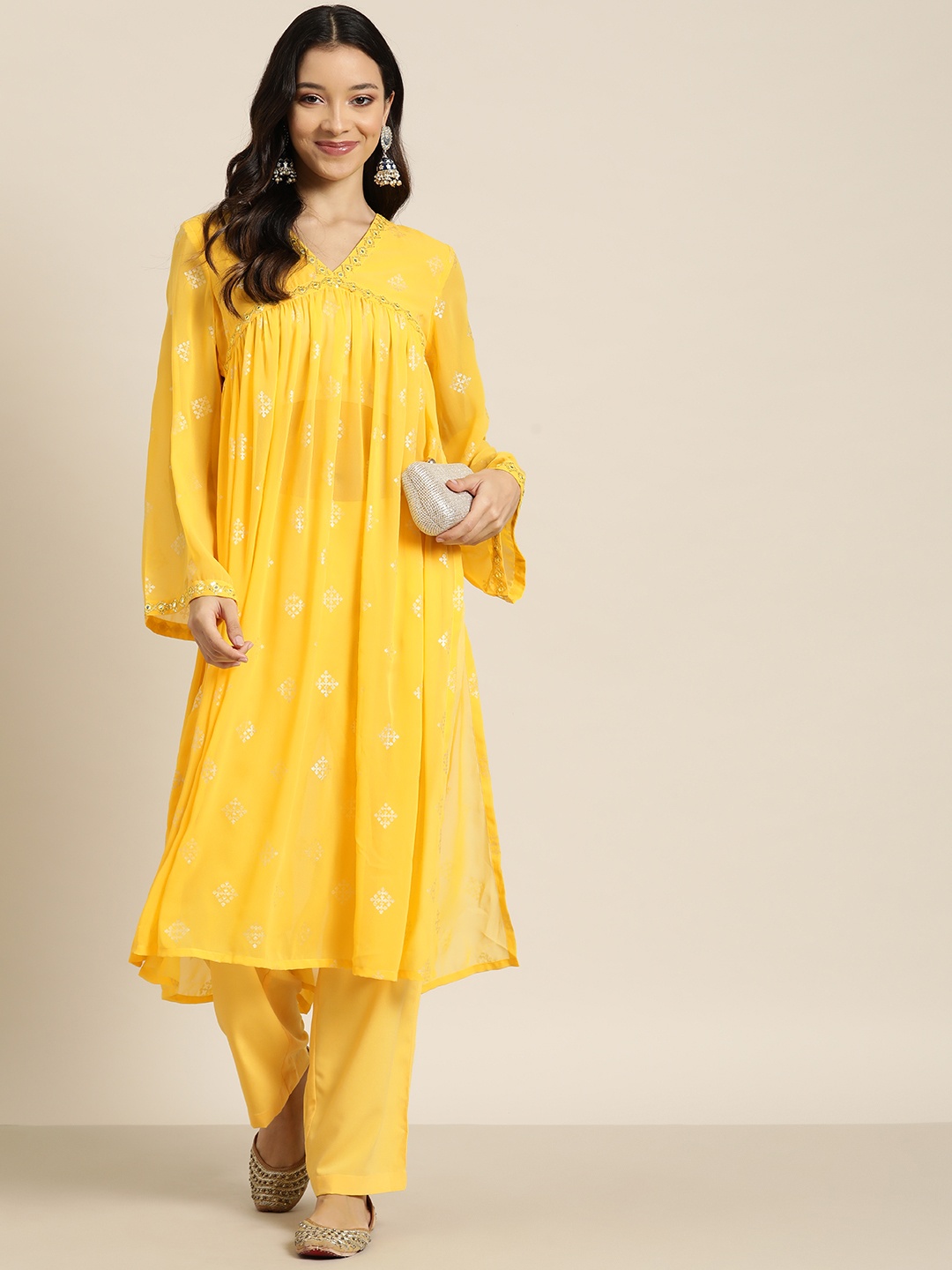 

HERE&NOW Women Ethnic Motifs Printed Empire Mirror Work Kurta with Trousers, Yellow