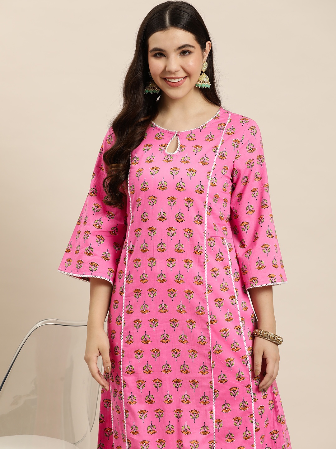 

HERE&NOW Cotton Floral Print Keyhole Neck Kurta, Pink