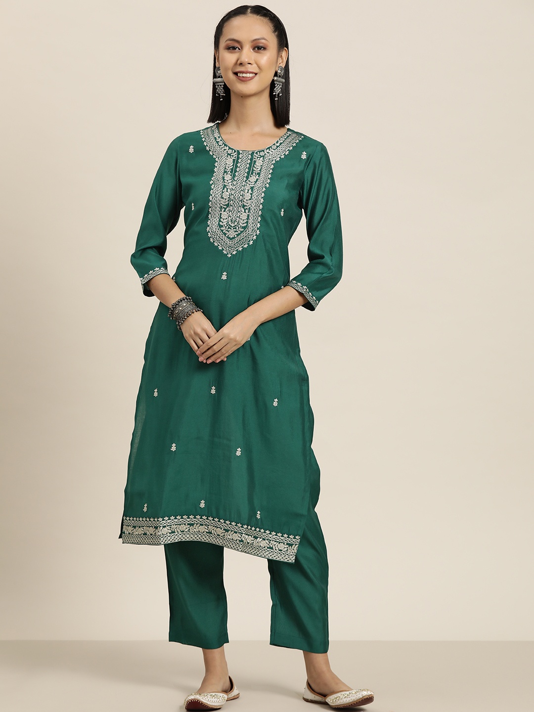 

HERE&NOW Embroidered Kurta with Trousers, Green
